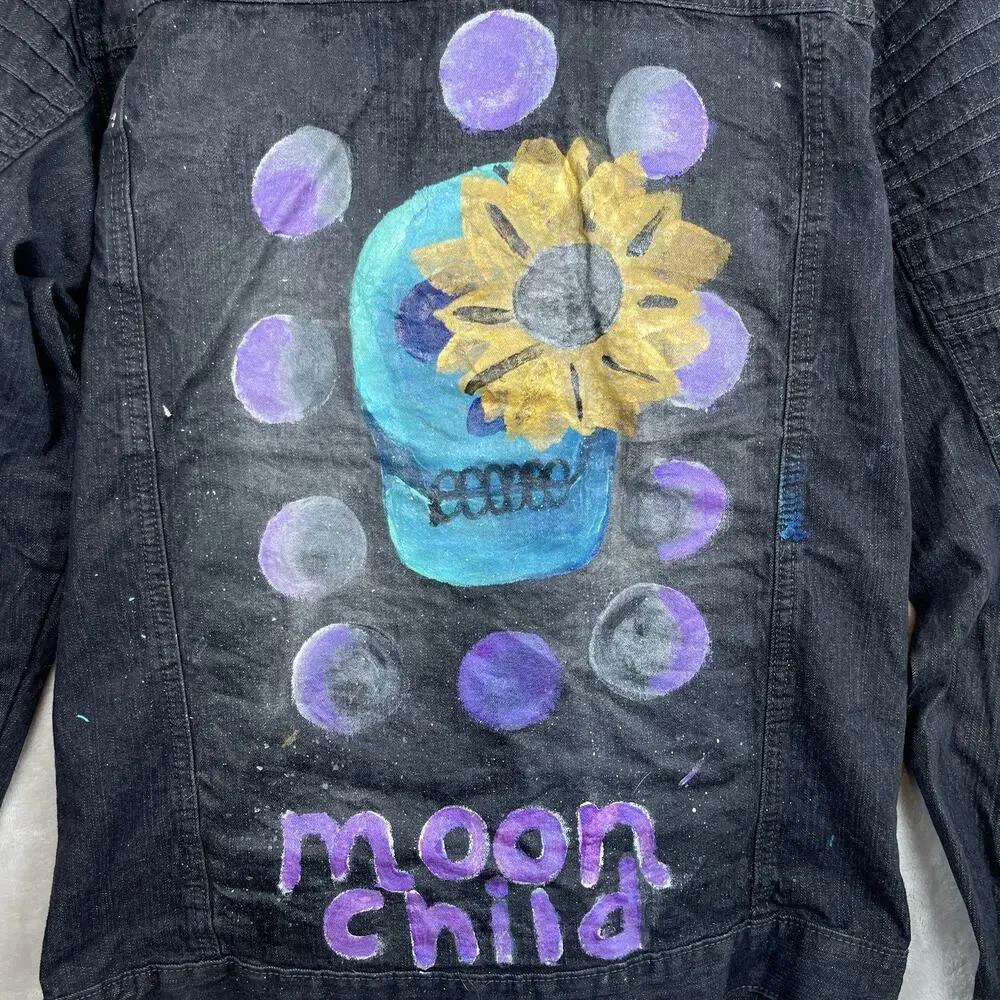 Southpole Denim Jacket Men's XL Acid Wash Hand Painted Moon Child Grungecore